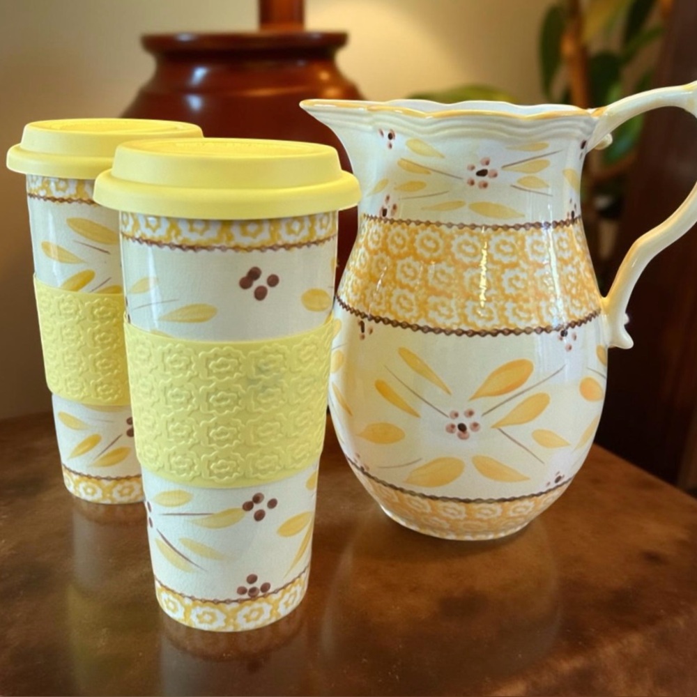 Temptations by Tara Pitcher Yellow Old World Pitcher 1.5 Qt and Two Mugs